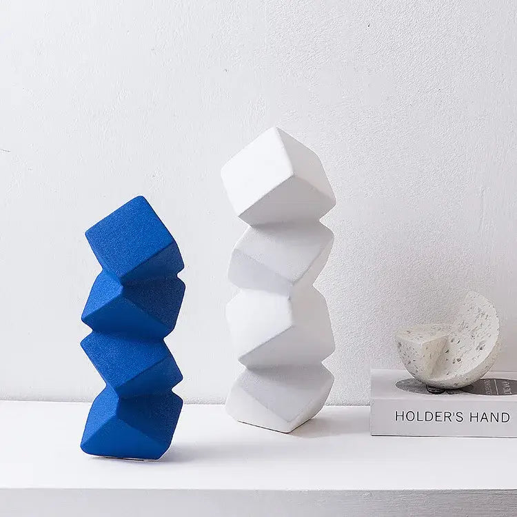 Modern blue geometric square sculpture stack living room decor
