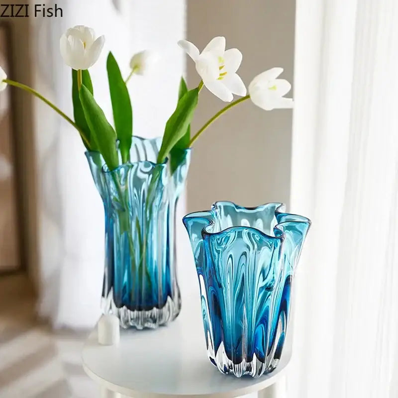 Modern blue glass hydroponic vase office desk decor