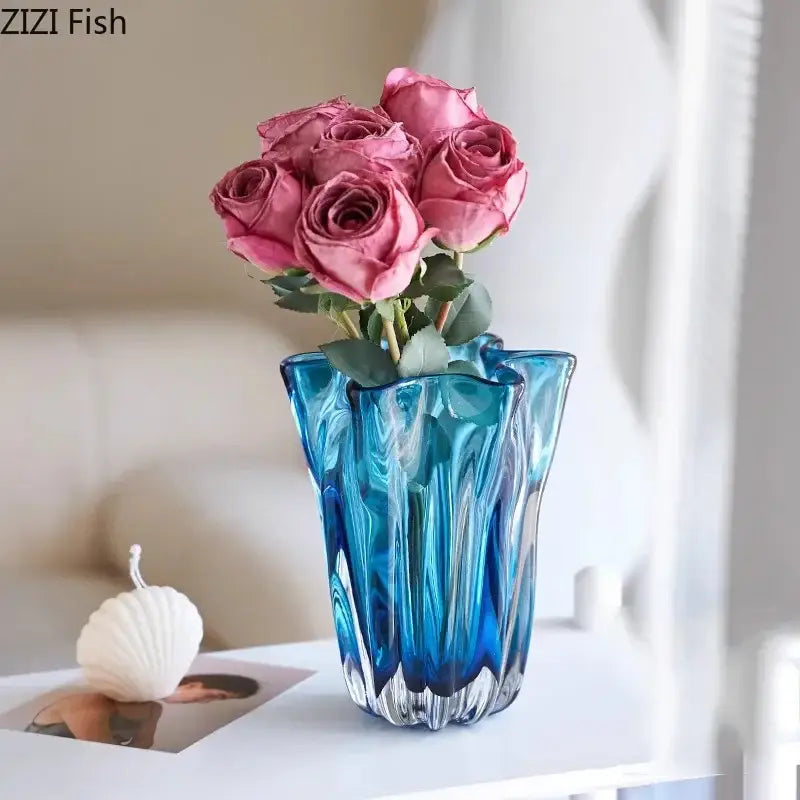 Modern blue glass hydroponic vase office desk decor
