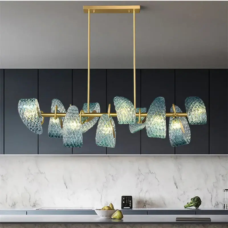 Modern blue glass led pendant lamps for dining room gold accents