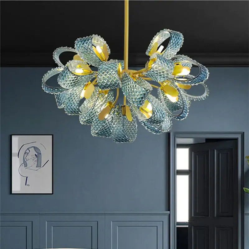Modern blue glass led pendant lamps for dining room gold accents