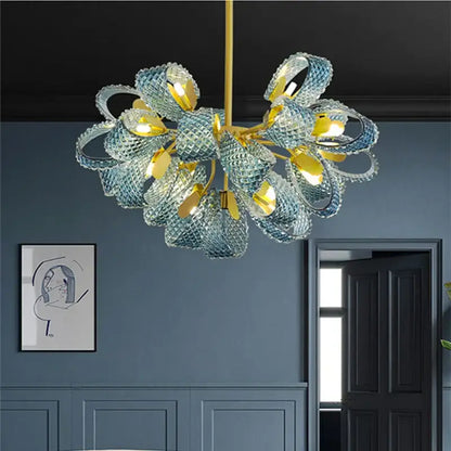 Modern blue glass led pendant lamps for dining room gold accents