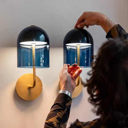 Modern blue glass wall lamp pair bedroom brass sconces