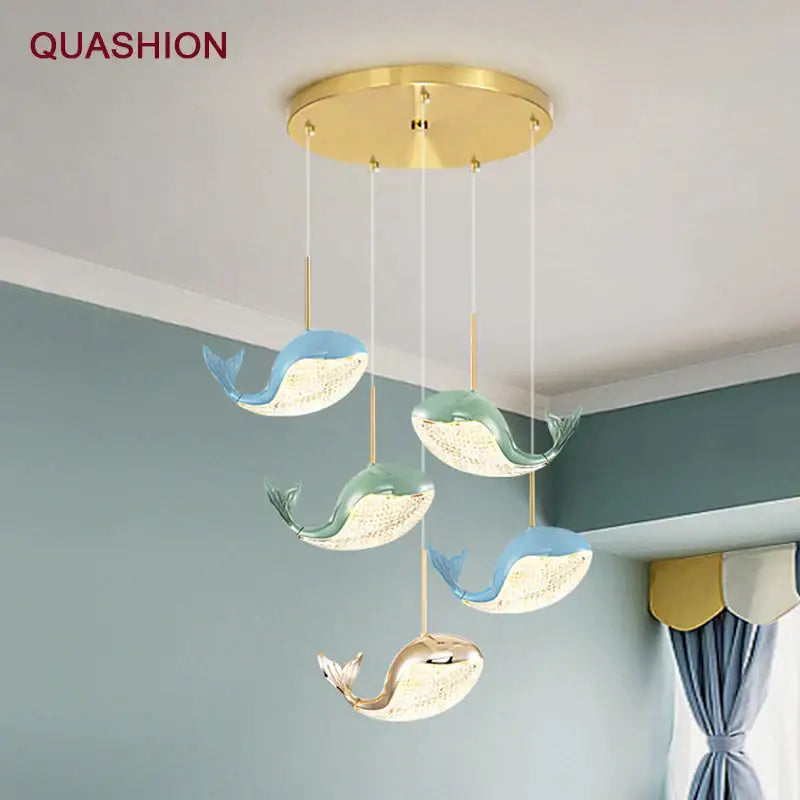 Modern blue green & gold dolphin chandelier bedroom light