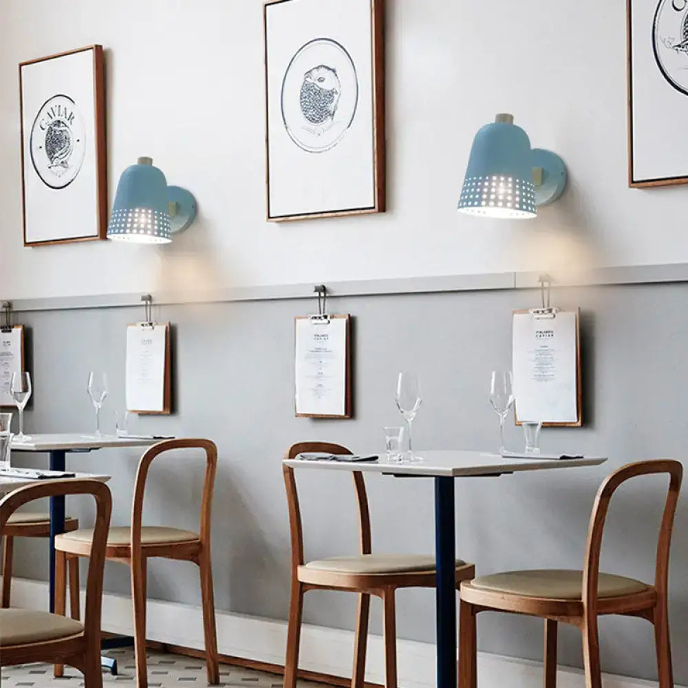 Modern blue metallic bell wall sconce – restaurant perforated light