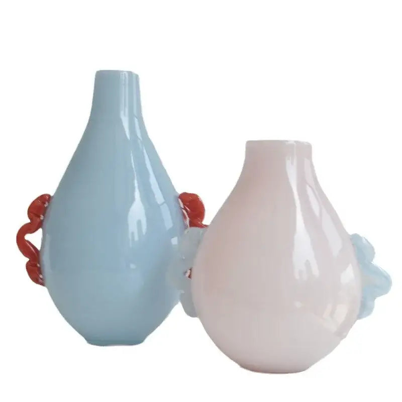 Modern blue & orange glass geometric flower vase living room decor