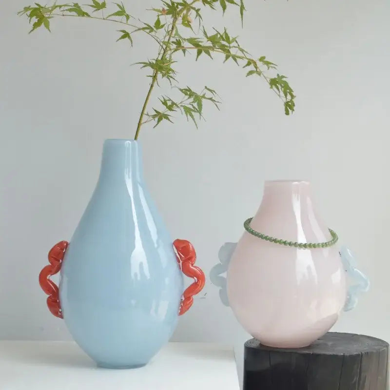Modern blue & orange glass geometric flower vase living room decor