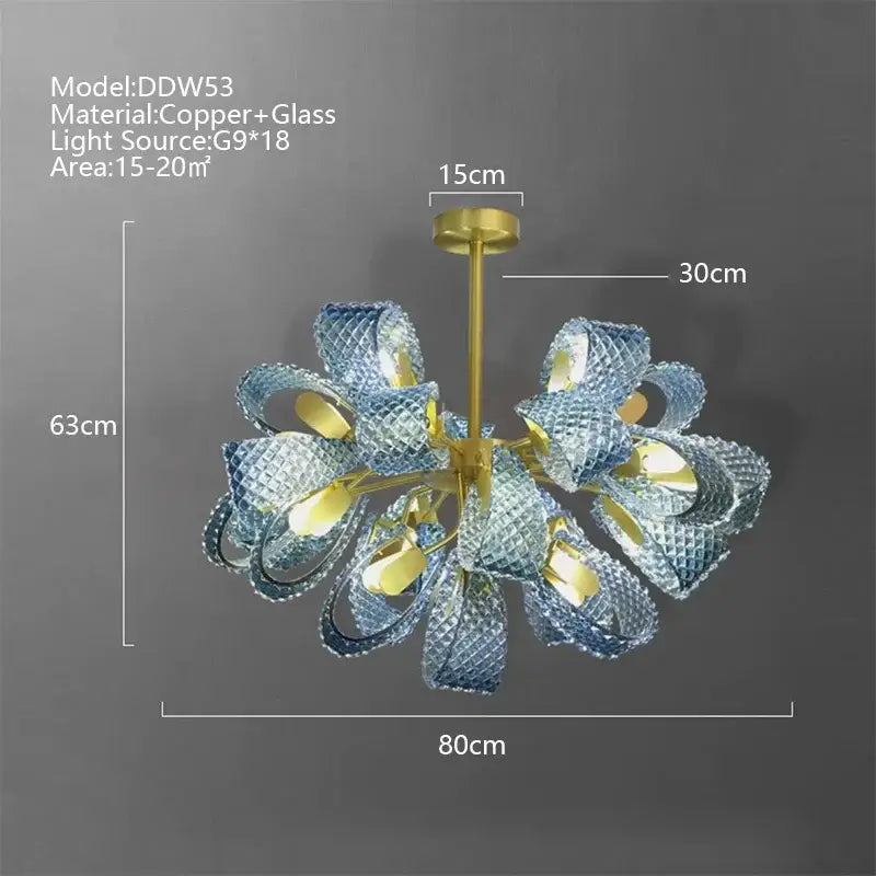 Modern blue peacock leaf glass chandelier dining room floral light