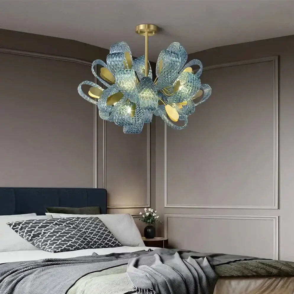 Modern blue peacock leaf glass chandelier dining room floral light