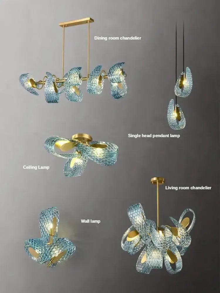 Modern blue peacock leaf glass chandelier dining room floral light