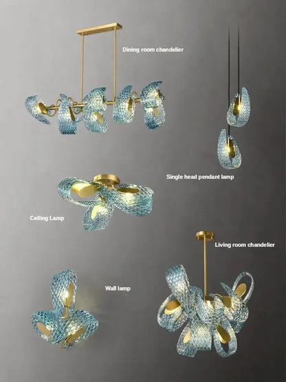 Modern blue peacock leaf glass chandelier dining room floral light