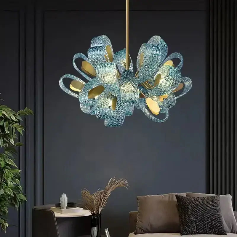 Modern blue peacock leaf glass chandelier dining room floral light