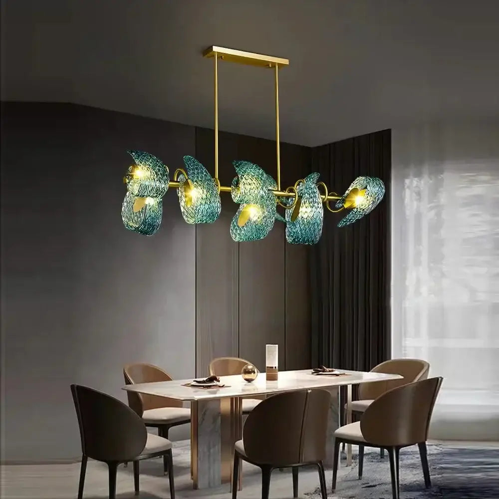 Modern blue peacock leaf glass chandelier dining room floral light