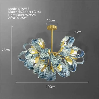 Modern blue peacock leaf glass chandelier dining room floral light