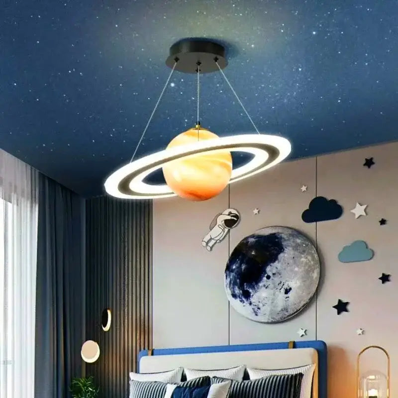 Modern blue planet pendant light with rings for bedroom decor
