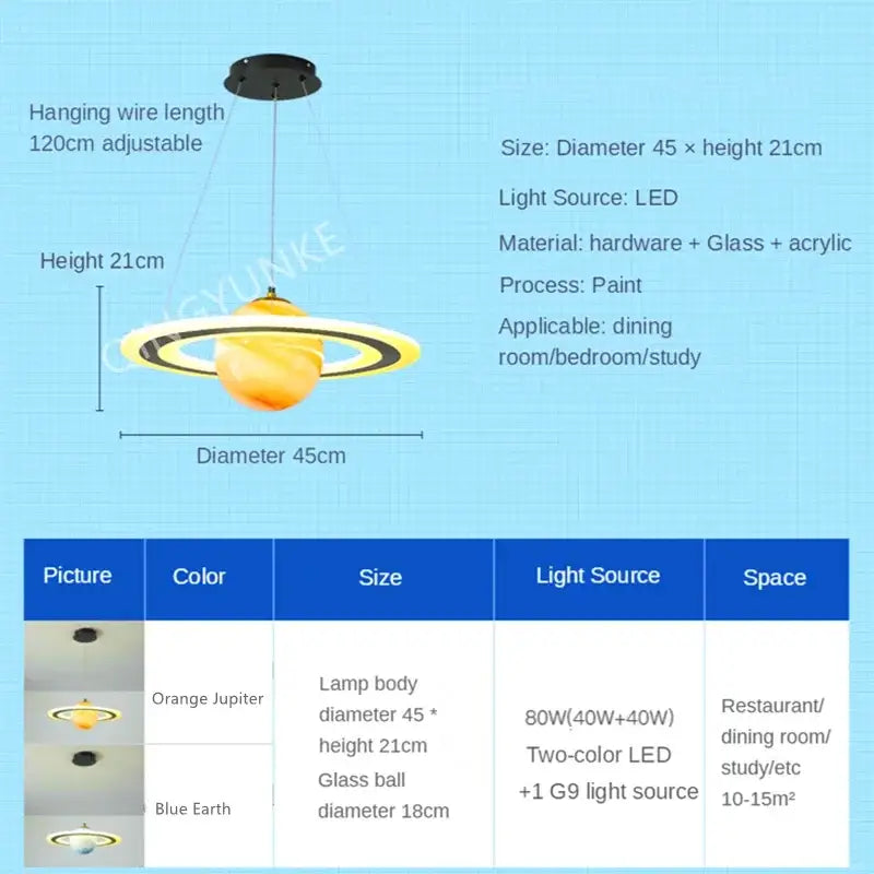 Modern blue planet pendant light with rings for bedroom decor