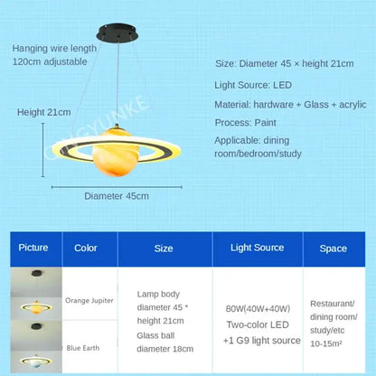 Modern blue planet pendant light with rings for bedroom decor