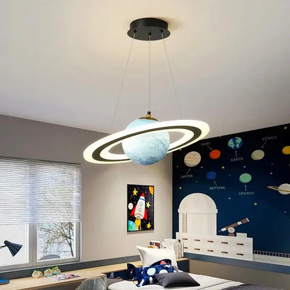 Modern blue planet pendant light with rings for bedroom decor