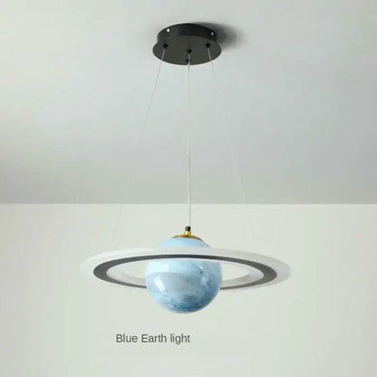 Modern blue planet pendant light with rings for bedroom decor