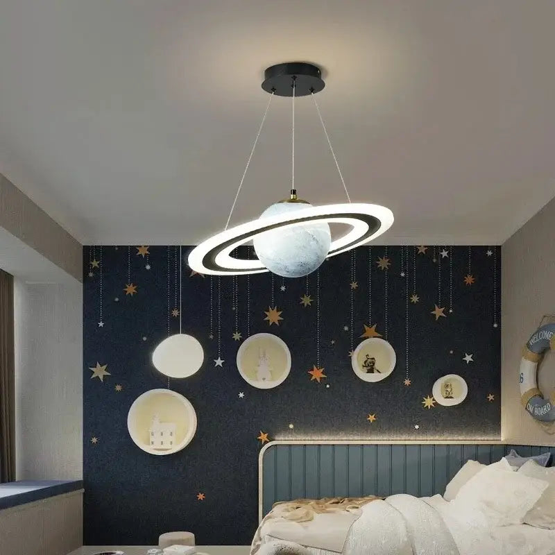 Modern blue planet pendant light with rings for bedroom decor