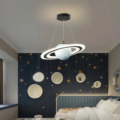 Modern blue planet pendant light with rings for bedroom decor