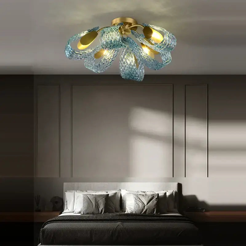 Modern blue queen crystal glass petal chandelier for bedroom
