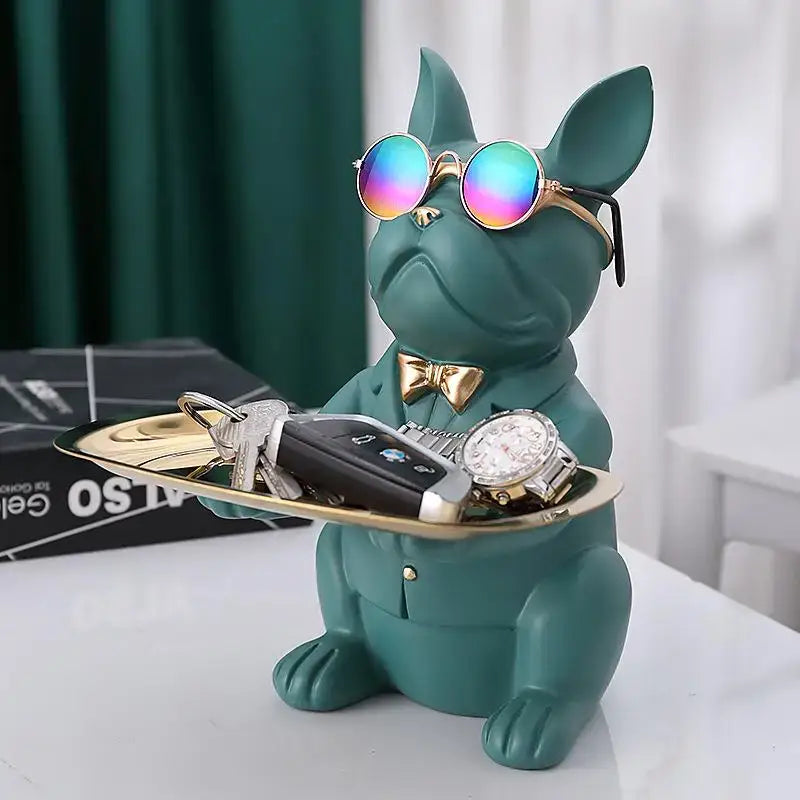 Modern blue & teal bulldog storage tray coin bank living room decor
