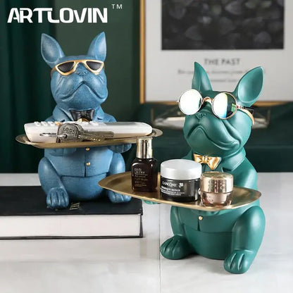Modern blue & teal bulldog storage tray coin bank living room decor