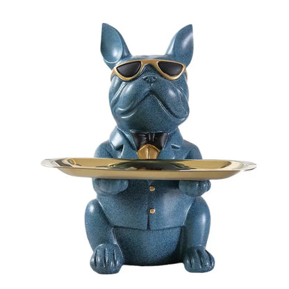 Modern blue & teal bulldog storage tray coin bank living room decor
