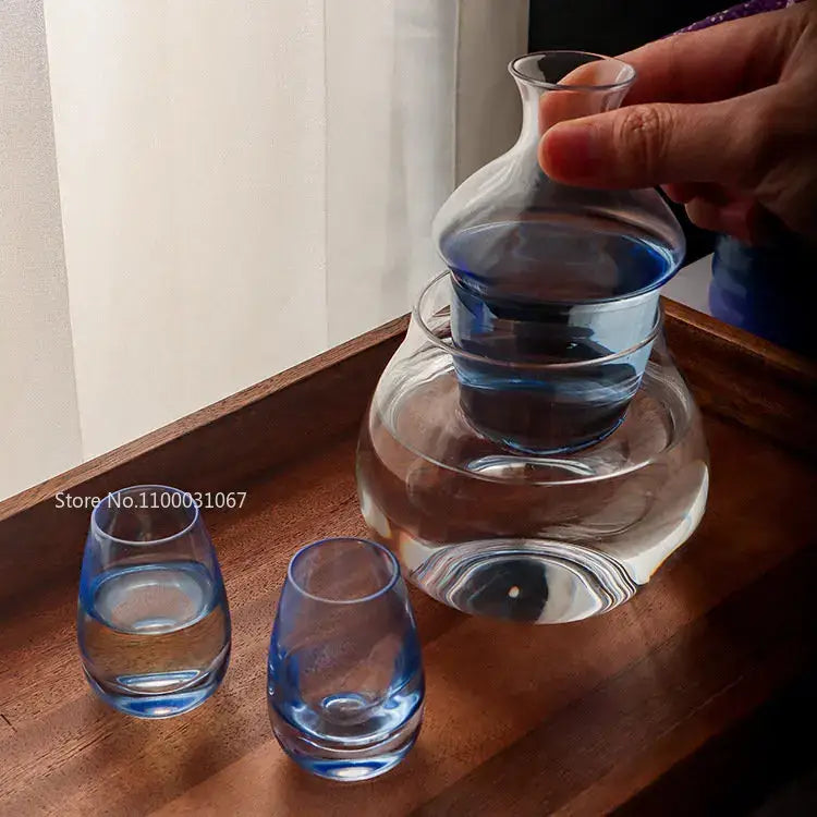 Modern blue tinted glass wine pot ice jug set dining room sake decanter