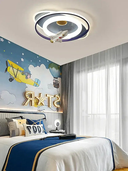 Modern blue & white airplane ceiling light bedroom decor