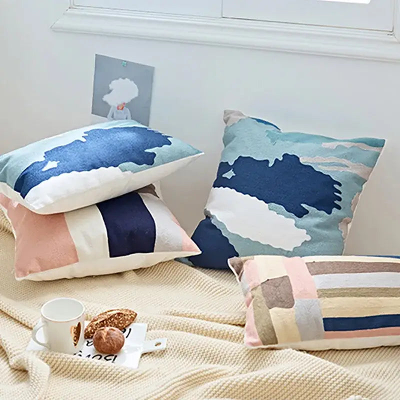 Modern blue & white embroidered geometric cotton cushion cover bedroom