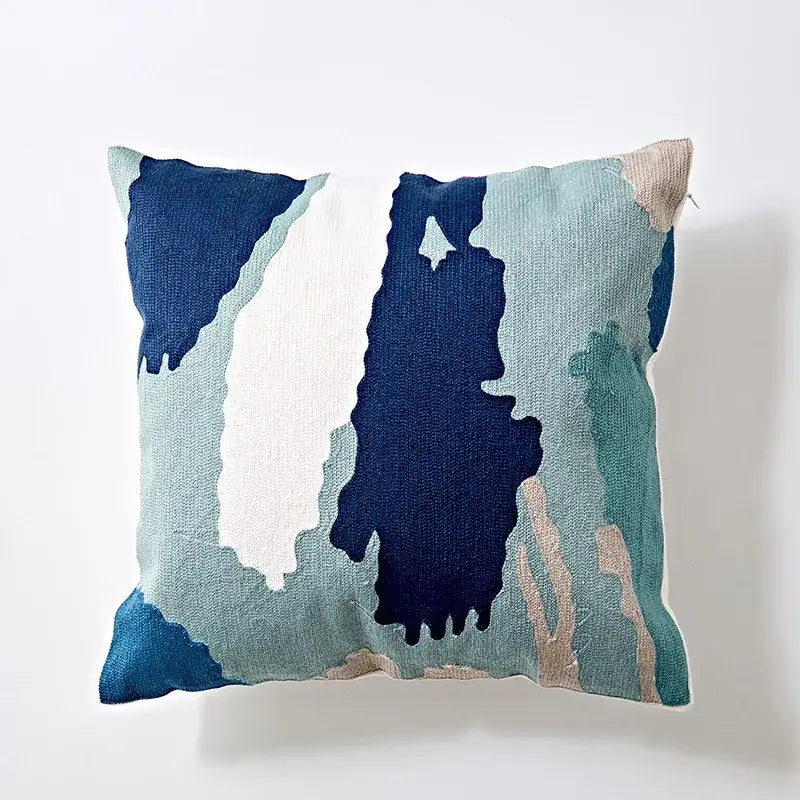 Modern blue & white embroidered geometric cotton cushion cover bedroom