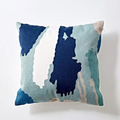Modern blue & white embroidered geometric cotton cushion cover bedroom