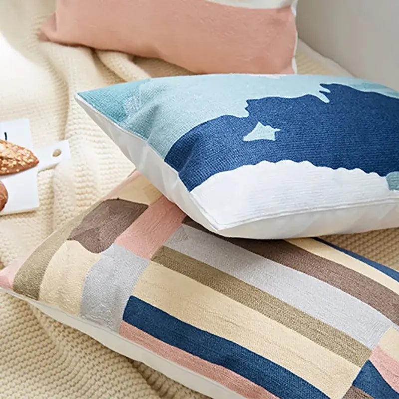 Modern blue & white embroidered geometric cotton cushion cover bedroom