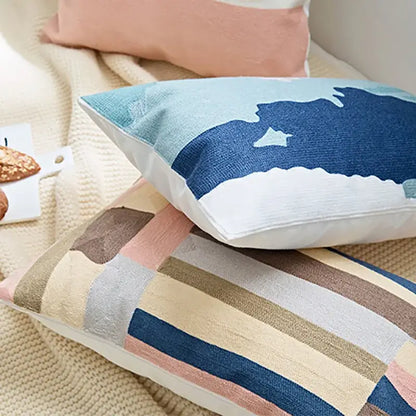 Modern blue & white embroidered geometric cotton cushion cover bedroom