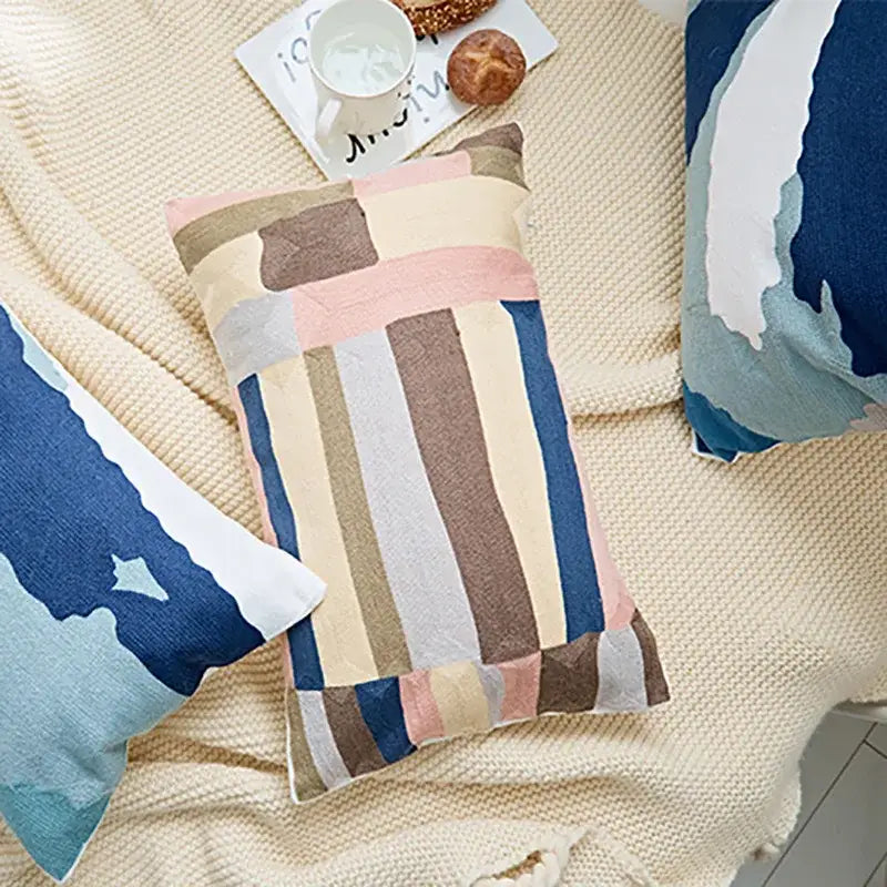 Modern blue & white embroidered geometric cotton cushion cover bedroom