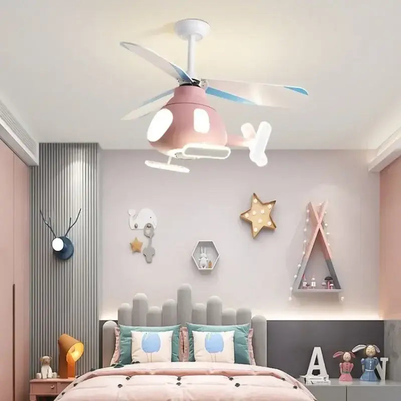 Modern blue & white helicopter ceiling fan with led light bedroom