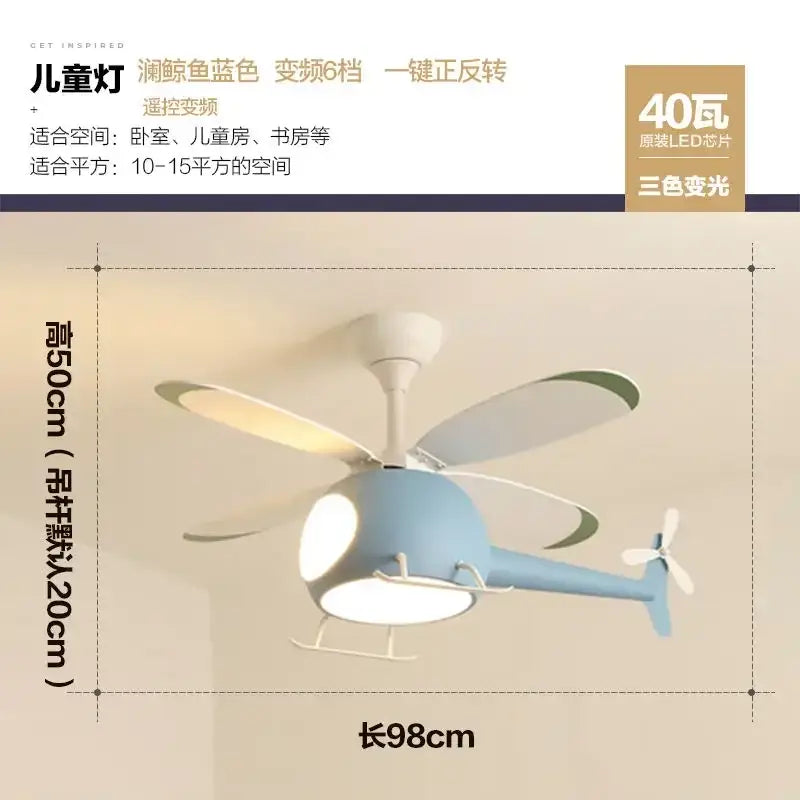 Modern blue & white helicopter ceiling fan with led light bedroom