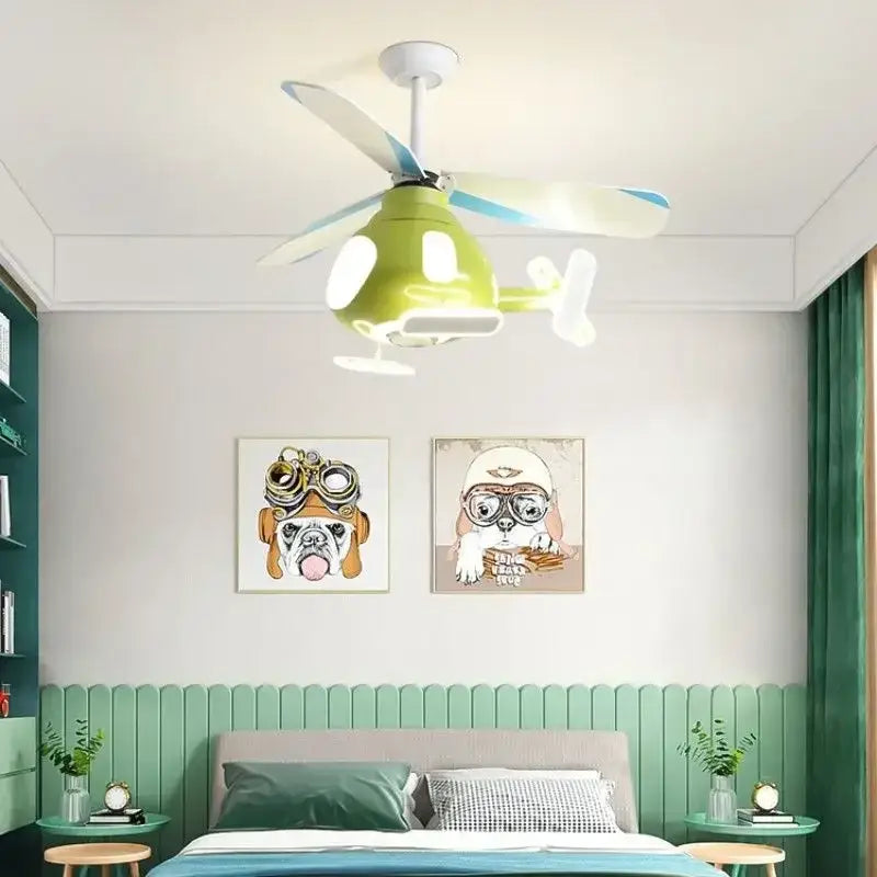 Modern blue & white helicopter ceiling fan with led light bedroom