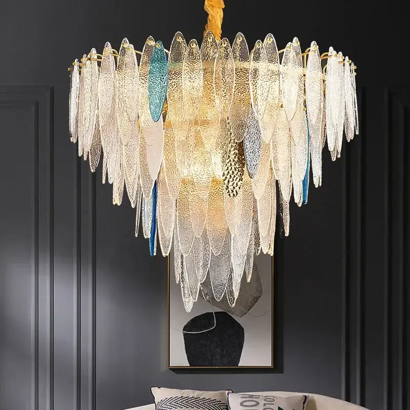 Modern blue & white leaf pendant lights living room gold metal chain