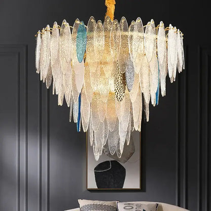 Modern blue & white leaf pendant lights living room gold metal chain