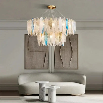 Modern blue & white leaf pendant lights living room gold metal chain