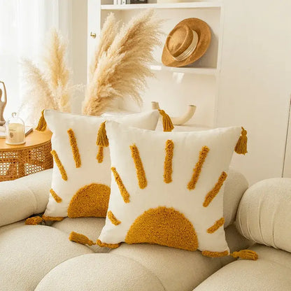 Modern boho golden yellow geometric cushion cover living room tassel