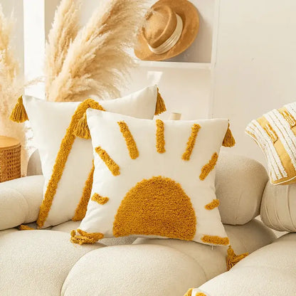 Modern boho golden yellow geometric cushion cover living room tassel