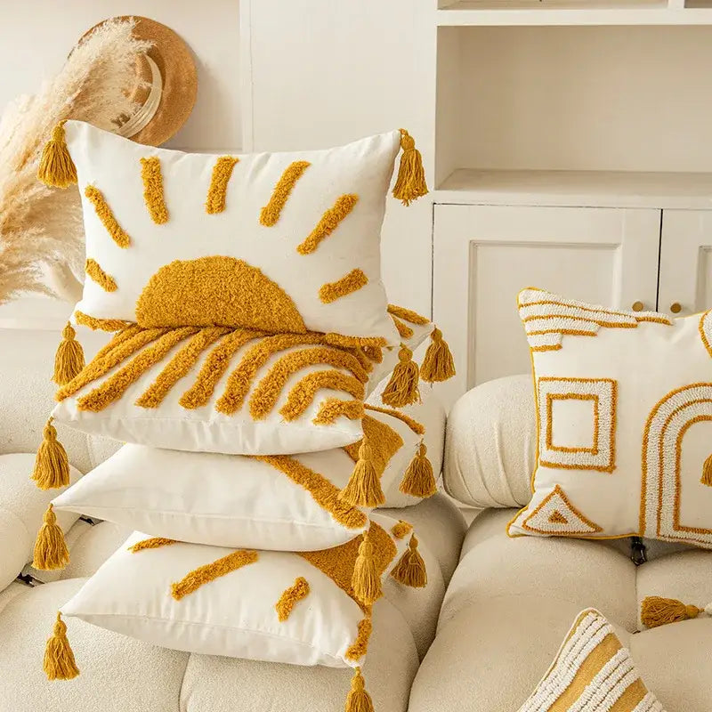 Modern boho golden yellow geometric cushion cover living room tassel