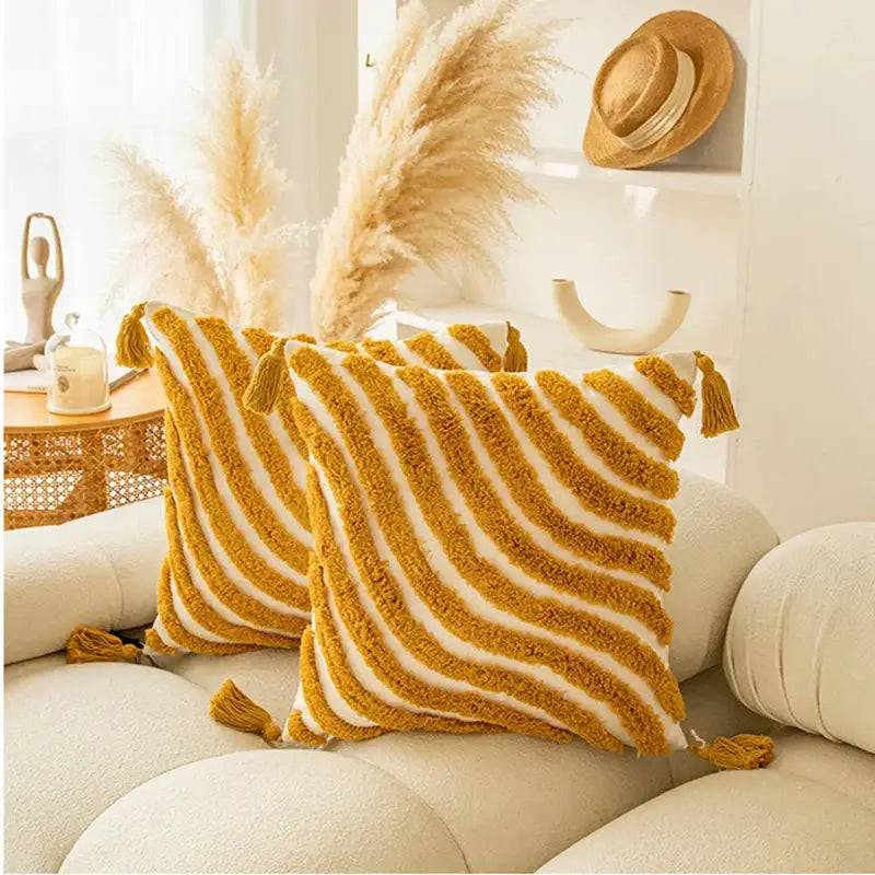 Modern boho golden yellow geometric cushion cover living room tassel