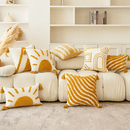 Modern boho golden yellow geometric cushion cover living room tassel
