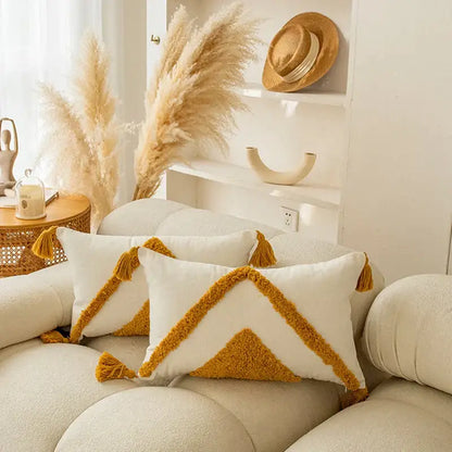 Modern boho golden yellow geometric cushion cover living room tassel