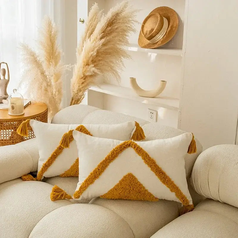 Modern boho mustard & white geometric tufted tassel cushion cover living room